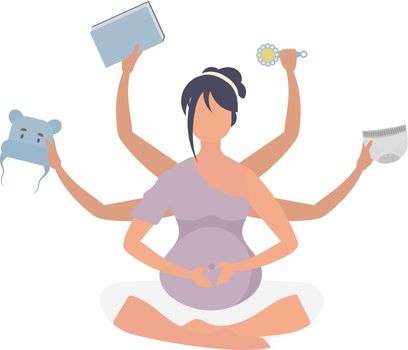 Pregnant girl in the lotus position. Active well built pregnant female character. Isolated on white background. Flat vector illustration.