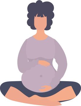 Pregnant girl in the lotus position. Active well built pregnant female character. Isolated on white background. Vector illustration in cartoon style.