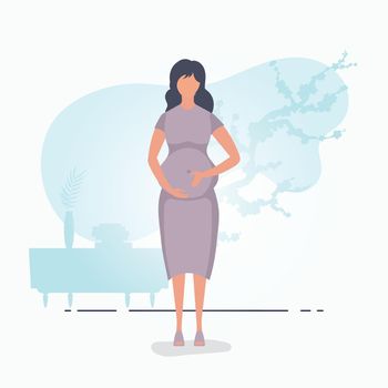 Full length pregnant woman. Well built pregnant female character. Banner in blue colors for your design. Flat vector illustration.