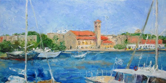 Rhodes harbour with ships in summer, oil painting
