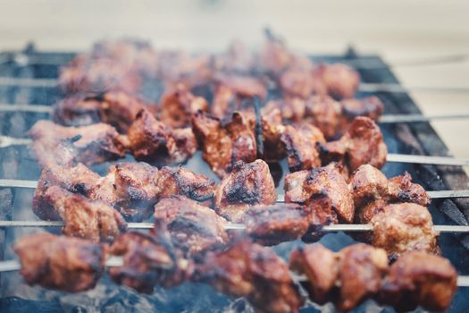 Large pieces of meat on a skewer are cooked on the grill