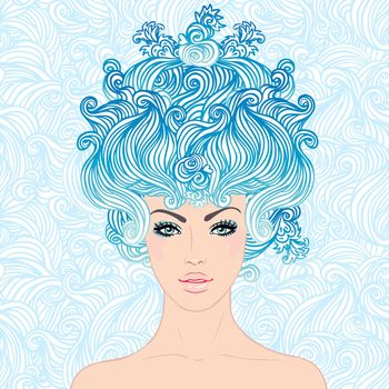 Fantasy Snow Queen: young beautiful girl with blue snowflakes in her hair