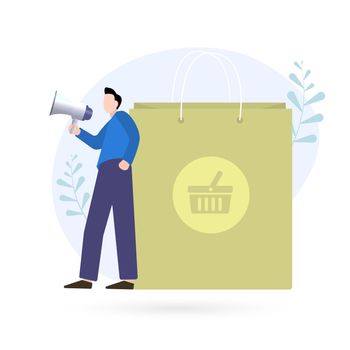 A man holding a megaphone in his hand, beckoning him to shop. Online store and offline shopping concept. There are shopping bags in the background. Flat Vector Illustration