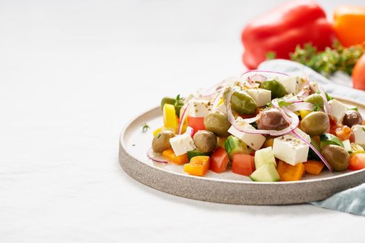 vegeterian mediterranean food, low calories dieting meal. Copy space, Greek village salad