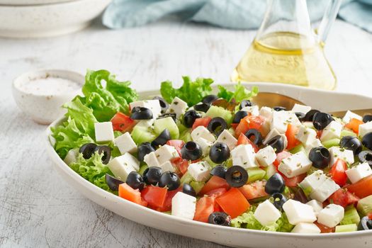 Greek salad Horiatiki with feta cheese, vegeterian mediterranean food, low calories diet