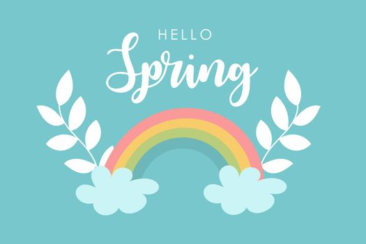 Hello spring card design. Rainbow on blue sky. Bright hand drawn greeting card