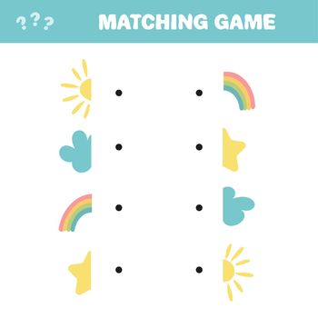 Puzzle game. Connect parts of picture - with cute sun, cloud, rainbow, star