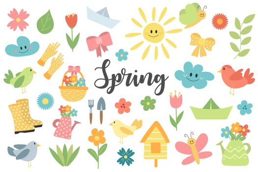 Collection of hand drawn spring items for bright design on white background.