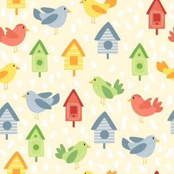 Birds and birdhouses in Spring or Summer time. Vector seamless pattern wallpaper