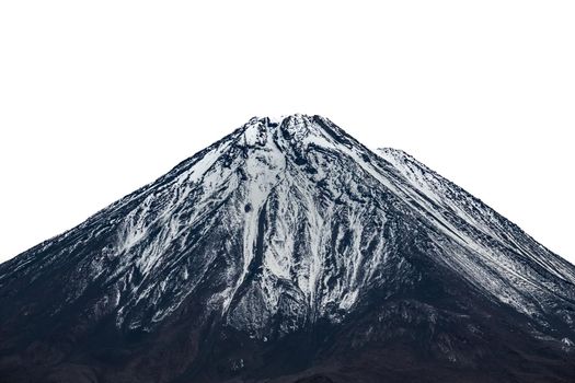 High volcano mountain peak with snow, white sky