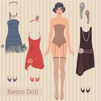Flapper girl: Cute dress up paper doll. Body template, outfit and accessories