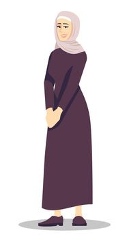 Beautiful lady in scarf and long dress semi flat RGB color vector illustration