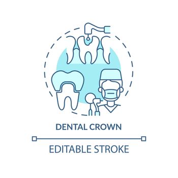 Dental crown turquoise concept icon. Cosmetic dentistry type abstract idea thin line illustration. Replacing missing teeth. Isolated outline drawing. Editable stroke. Arial, Myriad Pro-Bold fonts used
