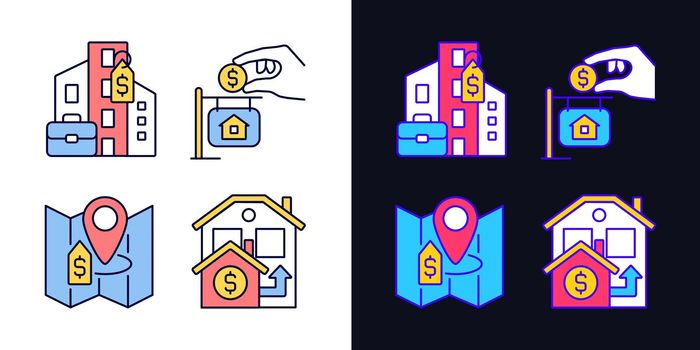 Realty purchasing types light and dark theme color icons set
