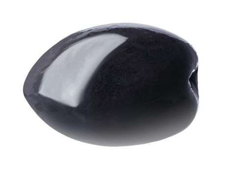 Single black olive isolated on white background