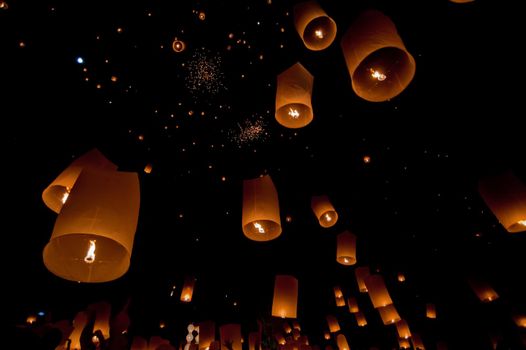 Floating lantern in Yee Peng festival (Loy Krathong), Buddhist floating lanterns to the Buddha in Sansai Thailand