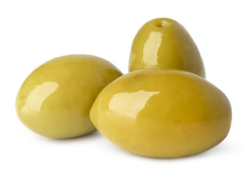 Pile of green olives on white background