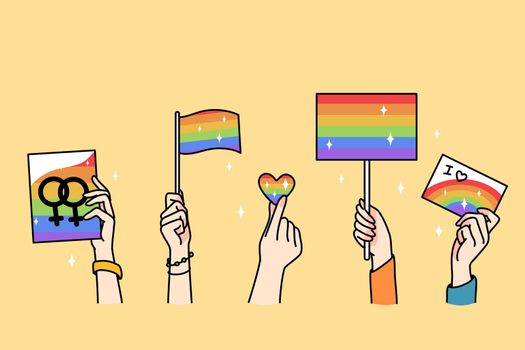 Hands of diverse people hold LGBT flags and banners celebrate international gay day. Volunteers have celebration on pride month. Homosexuality and gender equality. Vector illustration.