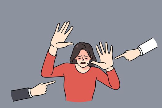 Unhappy crying woman feel stressed with people fingers pointing at her blaming. Upset sad girl depressed with bullying and harassment. Discrimination problem concept. Vector illustration.
