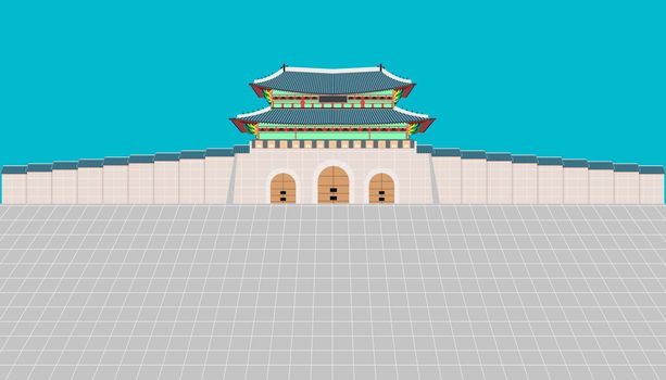 gwanghwamun gate and long wall and large courtyard at gyeongbokgung palace in seoul south korea. vector illustration eps10