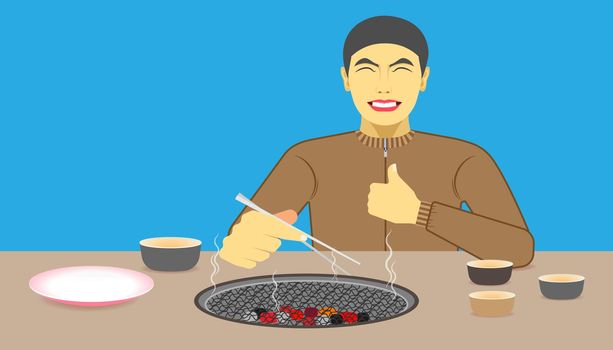 free space on the chalice dish and charcoal toaster for your food promotion. a man happy while eating meal recommended and acting give a like on left hand and right holding the chopsticks. vector illustration eps10