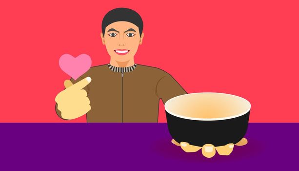 free space on cup for your food promotion. a man show a ware and give a mini heart hand for meal recommended. vector illustration eps10