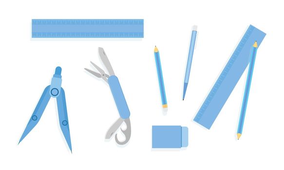 ruler pencil pen eraser compasses pocket knife basket blue tone vector illustration eps10