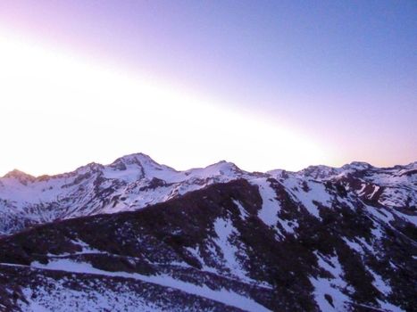 Val Senales panorama of the mountain and the snowy valley at sunset