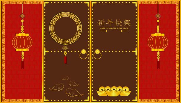 happy chinese new year. "Xin Nian Kual Le" is character for congratulatory CNY festival. knock the door to open affluent time with cloud lantern gold coin and money. pattern background design card poster. asian holiday.