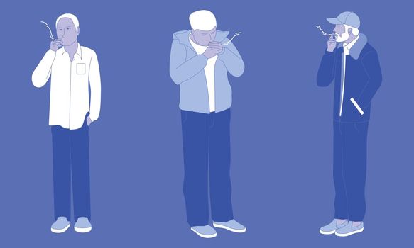three man stand and smoking with difference pose. vector illustration eps10.