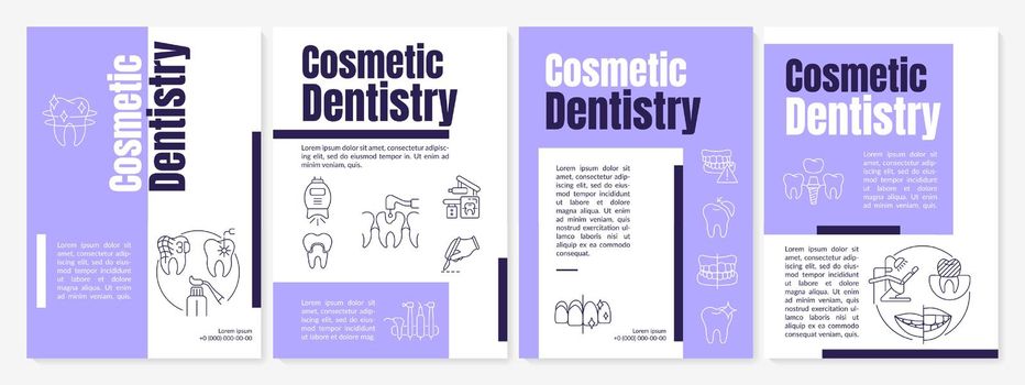 Cosmetic dental procedures purple brochure template. Enhancing teeth appearance. Leaflet design with linear icons. 4 vector layouts for presentation, annual reports. Anton, Lato-Regular fonts used