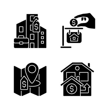 Realty purchasing types black glyph icons set on white space