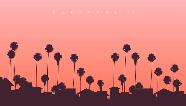 Beautiful sunset somewhere on the west coast of the USA. Palm trees and residential villas with pinkish sunset in the background