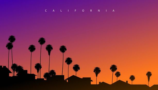 Beautiful sunset somewhere in California, USA. Creative postcard style vector illustration with evening sky, palm trees and mansions silhouette in the foreground
