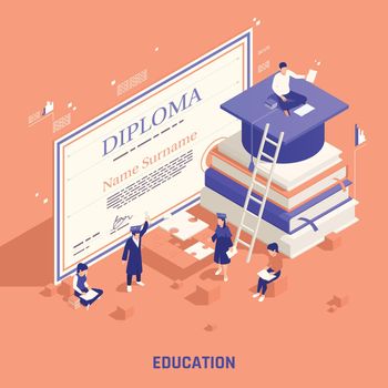 Self promotion branding strategies education isometric composition with marketing degree diploma online presence communication courses vector illustration