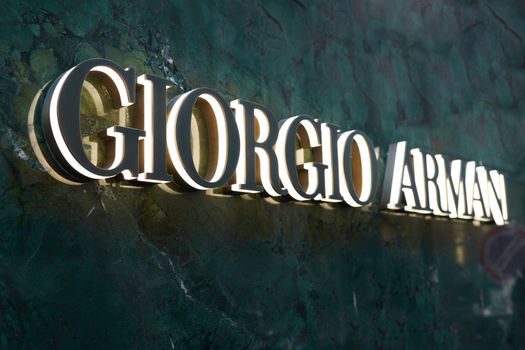 Milan, Italy - 16.01.2021. Giorgio Armani logo store in Milan fashion district