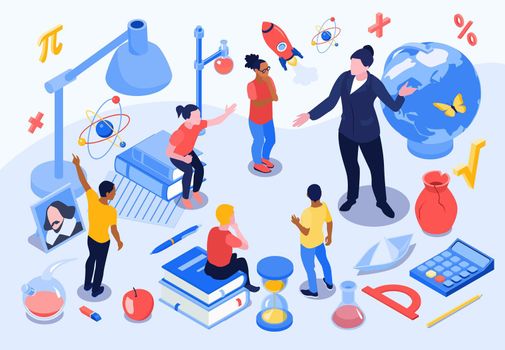 Isometric school education composition with icons of stationery goods with human characters of teacher and pupils vector illustration