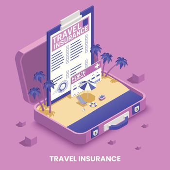 Travel insurance concept with health and transportation symbols isometric vector illustration