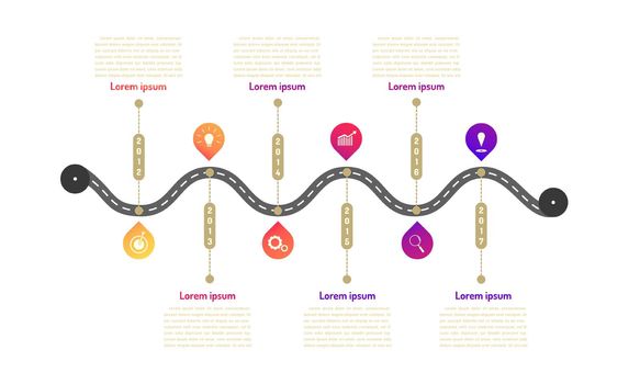 subway roadmap timeline elements with markpoint graph think search gear target icons. vector illustration eps10