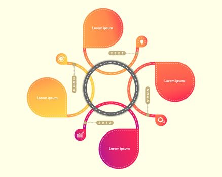 circle highway roadmap timeline elements with markpoint graph think search gear target icons. vector illustration eps10