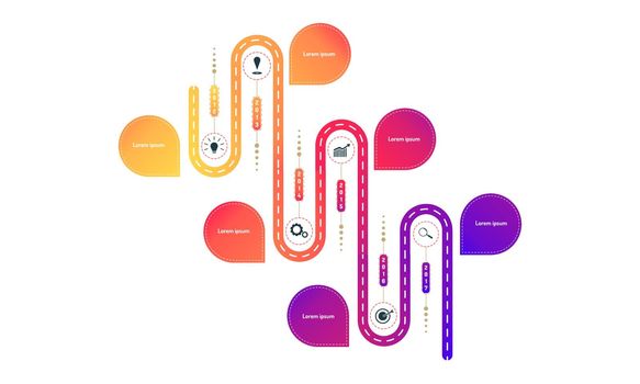 vertical bevel way roadmap timeline elements with markpoint graph think search gear target icons. vector illustration eps10