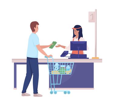 Customer pay to cashier semi flat color vector characters