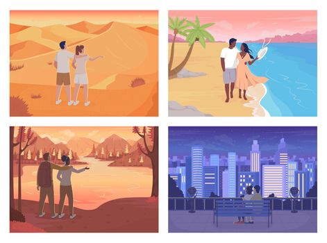 Romantic getaway with beloved flat color vector illustration set