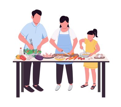 Family preparing dinner together table semi flat color vector characters