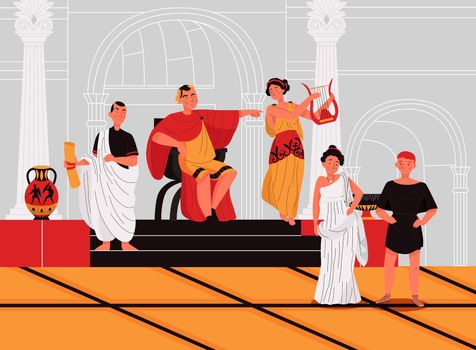 Ancient roman people with emperor on throne senator woman playing harp in palace flat vector illustration