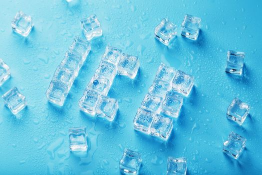 The word ICE is a pattern of ice cubes on a blue background
