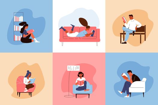 Flat design concept with people reading books sitting in armchair on bench floor lying on sofa isolated vector illustration