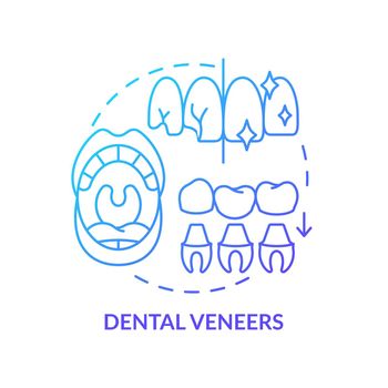 Dental veneers blue gradient concept icon. Aesthetic dentistry type abstract idea thin line illustration. Porcelain veneers installation. Isolated outline drawing. Myriad Pro-Bold font used