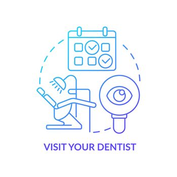 Visit dentist blue gradient concept icon. Dental veneers care abstract idea thin line illustration. Proper oral health. Seeing dentist regularly. Isolated outline drawing. Myriad Pro-Bold font used