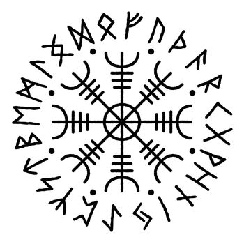 Aegishjalmur. Symbol of protection, helmet of Horror. Scandinavian runic amulet vikings with a futhark in a circle. 24 Runes, vector illustration.